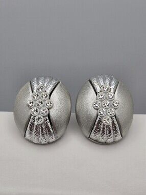 Japan Vintage Silver Tone Clip On Earrings Rhinestone Cluster Dome Design